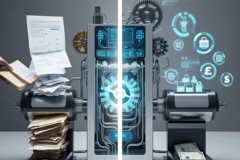 Futuristic machine converting stacks of paper documents into digital financial data and currency.