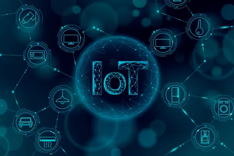 IoT concept with interconnected smart home devices icons surrounding a glowing network sphere with IoT text.