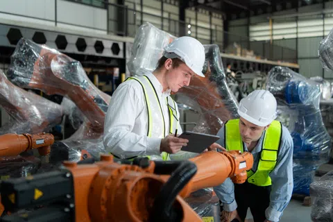 Two engineers in hard hats inspecting robotic arms in an industrial manufacturing facility with safety vests.