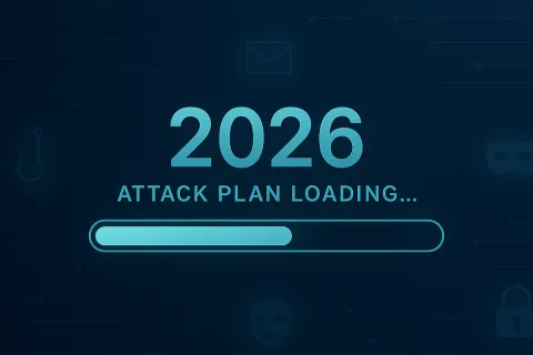 Loading bar with 2026 attack plan text on dark background with cybersecurity icons and symbols.