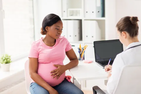 Pregnant woman in pink shirt consulting with a female doctor in a bright medical office.