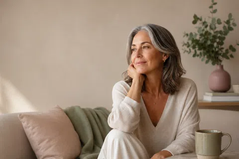Mature woman with gray hair sitting on a couch, smiling thoughtfully, next to a mug and soft cushions.
