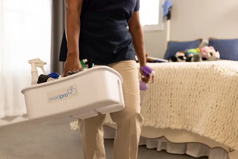 Person carrying MaidPro cleaning kit with spray bottles and brushes in a tidy bedroom with bed and toys.