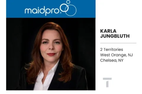 Professional headshot of Karla Jungbluth with MaidPro logo highlighting territories in West Orange NJ and Chelsea NY