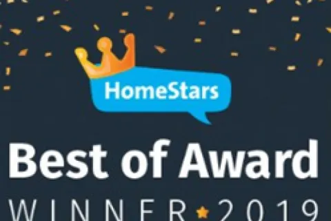HomeStars Best of Award Winner 2019 logo with gold crown and confetti on dark background