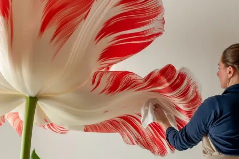 Woman cleaning giant red and white tulip petals in a bright, minimalistic indoor setting.