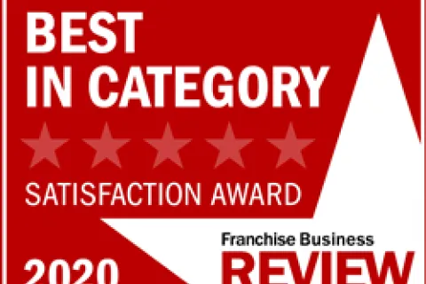 2020 Best in Category satisfaction award from Franchise Business Review with five stars on red background