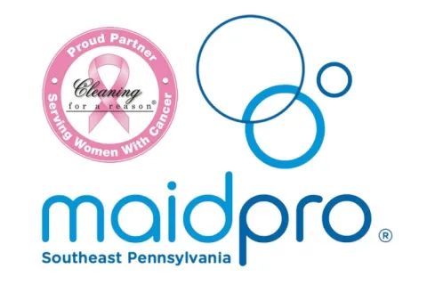 MaidPro Southeast Pennsylvania logo with Cleaning for a Reason pink ribbon partner badge supporting women with cancer