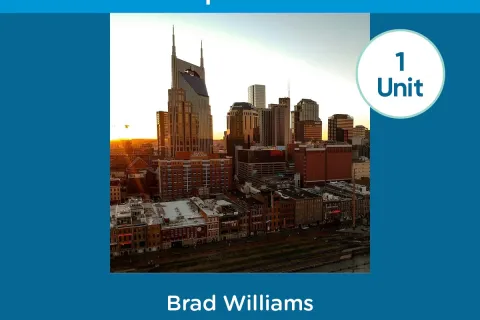 Nashville, TN skyline at sunset with iconic AT&T building in focus under MaidPro Expansion banner for Brad Williams