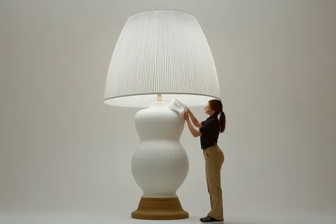 A person adjusting a large decorative lamp in a minimalist setting, emphasizing design and scale.