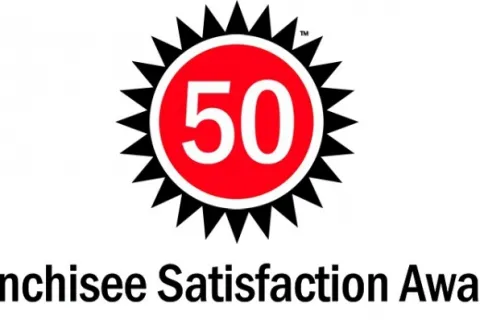 Red 50 in sunburst design above Franchisee Satisfaction Awards text logo on white background