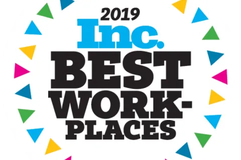 2019 Inc. Best Workplaces award badge with colorful triangular border on white background