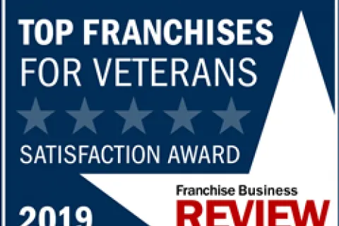 2019 Top Franchises for Veterans Satisfaction Award badge by Franchise Business Review with five stars