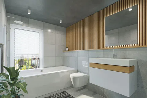 Modern bathroom with white bathtub, floating vanity, wall-mounted toilet, wooden slat wall, and large window with blinds.