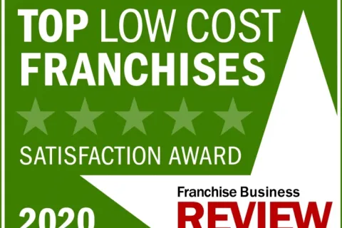 2020 Top Low Cost Franchises Satisfaction Award badge from Franchise Business Review in green and white