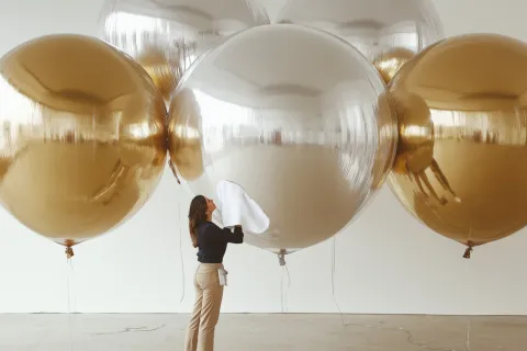 Woman cleaning large reflective silver and gold balloons in a minimalist indoor space with white walls.