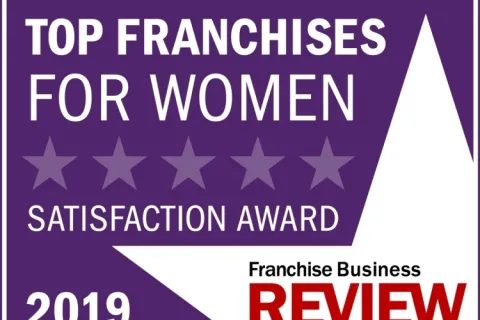 2019 Top Franchises for Women Satisfaction Award badge by Franchise Business Review with purple and white design.