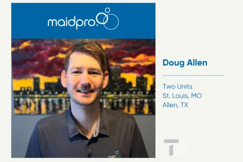 MaidPro franchise awarded to Doug Allen for two units in St. Louis, MO, and Allen, TX with cityscape background.