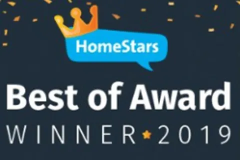 HomeStars Best of Award Winner 2019 logo with gold crown and confetti on dark background