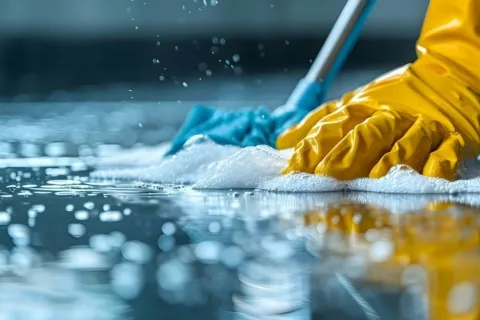 Close-up of hands in yellow gloves scrubbing a wet surface with a blue mop and soap bubbles visible.