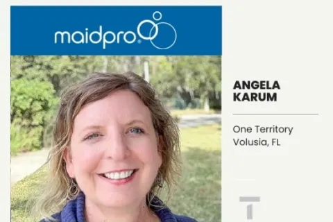 MaidPro franchise awarded to Angela Karum for One Territory in Volusia, Florida with her smiling portrait.