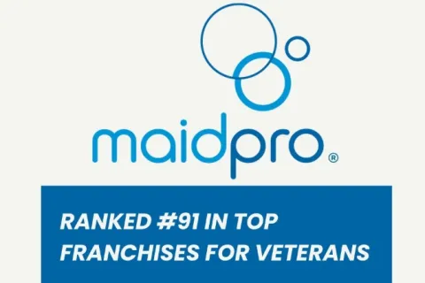 MaidPro logo with blue overlapping circles and text ranking #91 in top franchises for veterans.