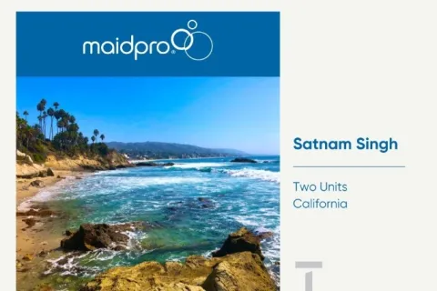 MaidPro franchise awarded announcement featuring a California coastal landscape with ocean waves and palm trees.