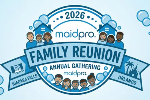 MaidPro 2026 family reunion logo with overlaid text featuring animated people, bubbles, Niagara Falls and Orlando icons.