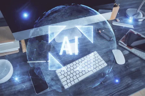 a blue and white sign on a table
