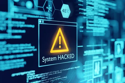 Digital warning screen with a yellow alert symbol and text reading System HACKED on a blue coding background