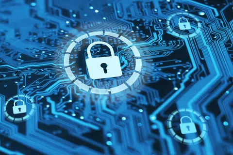 Digital circuit board with multiple padlock icons representing cybersecurity protection concepts.