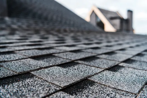 Close-up of black asphalt shingles on a residential roof with a blurred house in the background