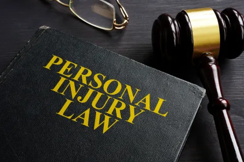 Black personal injury law book with gold lettering next to a wooden judge gavel and eyeglasses on a dark surface