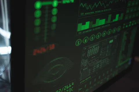 Close-up of a dark screen displaying green digital graphs, charts, and data analytics in a futuristic style.