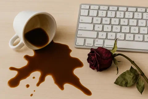 Spilled coffee next to a computer keyboard and a wilted red rose on a wooden desk surface.