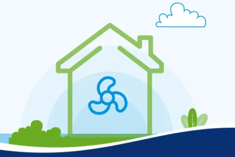Illustration of a house with a fan, surrounded by greenery and water, conveying comfort and freshness.