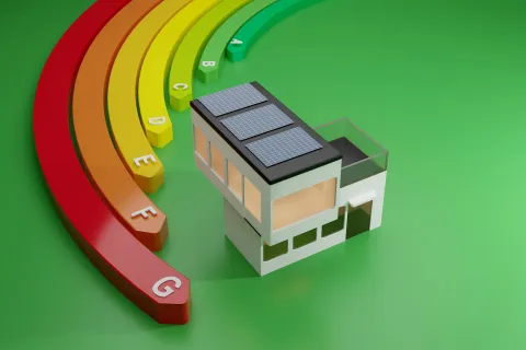 Illustration of a modern house with solar panels on a gradient energy efficiency scale.