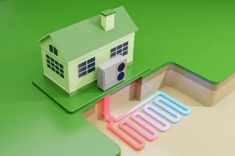 A 3D illustration of a house with geothermal heating system components underground.