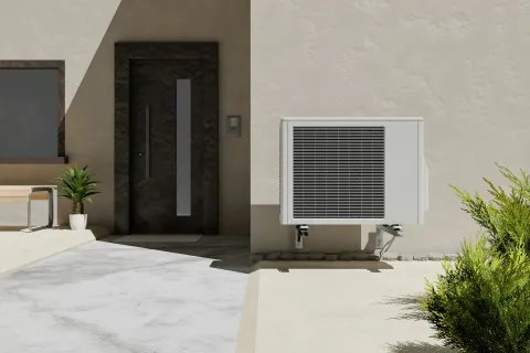 Modern exterior of a house featuring an air conditioning unit and minimalist design elements.