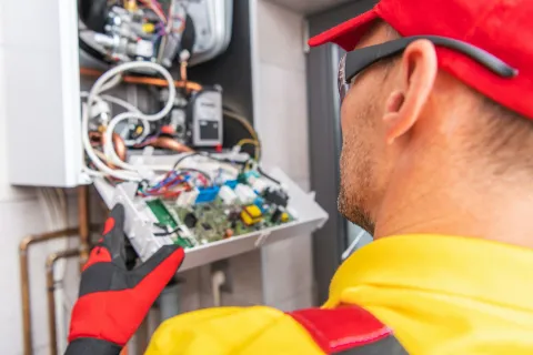 Technician repairing a boiler, examining internal components and circuits in a residential setting.