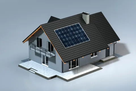 3D model of a modern house featuring solar panels on the roof.