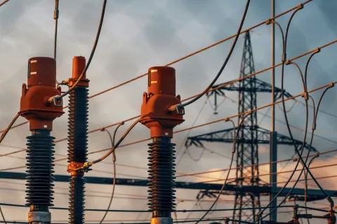 Close-up of electrical equipment against a sunset sky with power lines in the background.