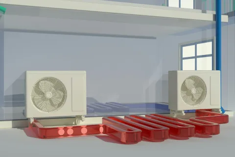 Two air conditioning units with visible pipes and red tubing in a modern indoor setting.