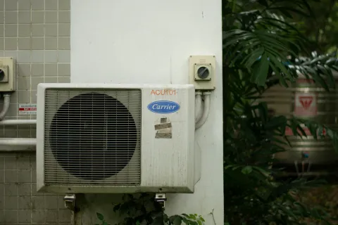 A Carrier air conditioning unit mounted on a wall, surrounded by greenery.