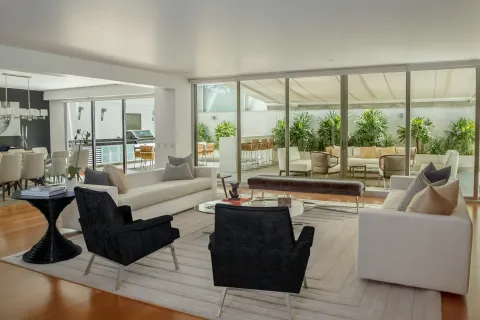 Modern living room with sleek furniture, large windows, and indoor greenery, creating an inviting atmosphere.