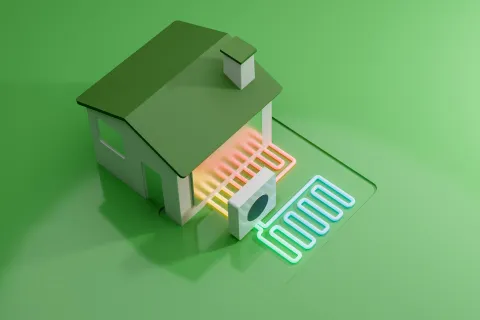 Stylized house illustration with colorful heating lines on green background representing energy efficiency.