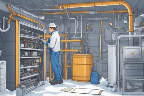 A technician working on equipment in a facility with pipes and storage tanks.