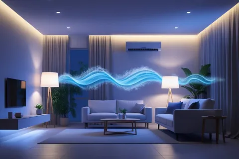 Modern living room with air conditioner and glowing airflow effect illustrating cooling technology