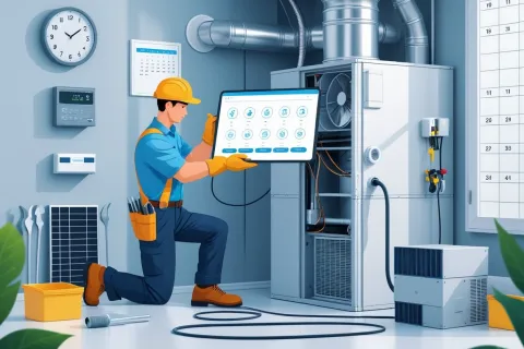 Technician in hard hat repairing HVAC system using a tablet in a mechanical room with tools and calendar.