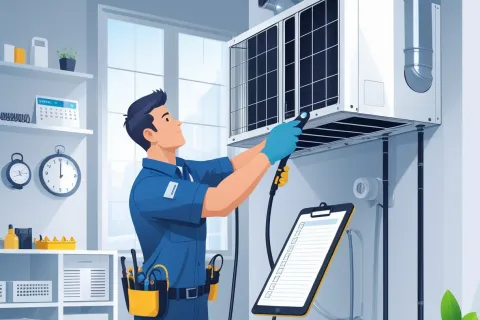 Technician in uniform servicing an HVAC unit indoors with tools and checklist clipboard nearby.